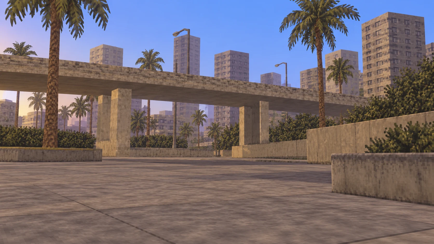 Low-poly palm-lined concrete plaza beneath a city overpass